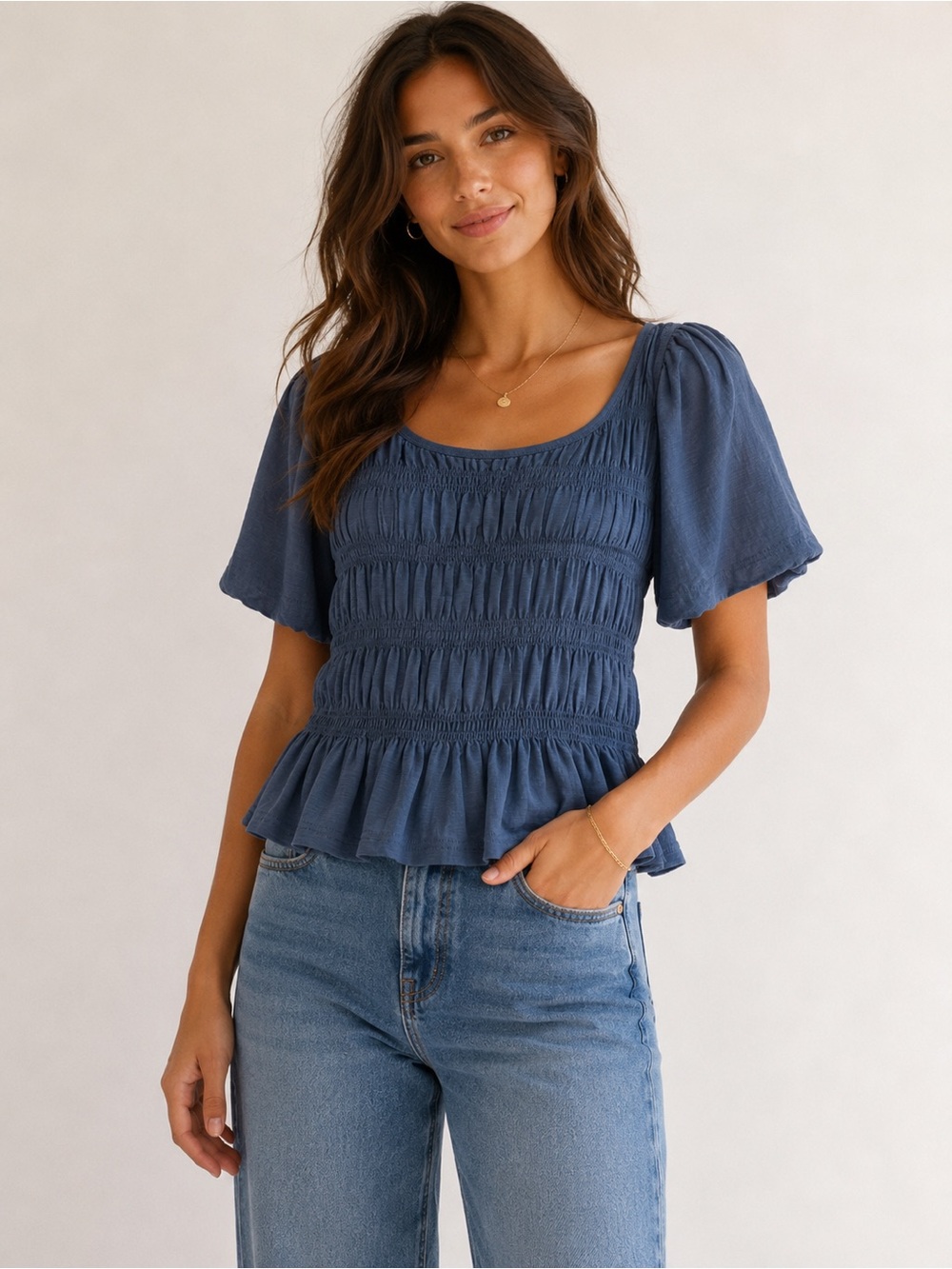 jane + delancey blue smocked peplum blouse size large new with tags